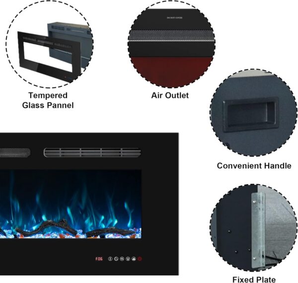 48inch Electric Fireplace in Wall Recessed and Wall Mounted Fireplace Electric, 13 Flame Colors, Realistic Logs &Crystals Fuel Bed, Adjustable Temperature and Timer, 750W/1500W, Black - Image 7