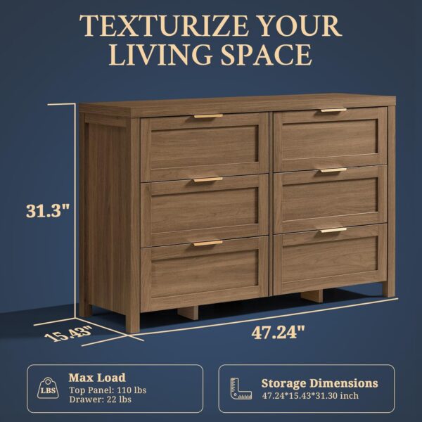 Sherwood 6 Drawer Double Dresser, 47" Wide Wooden Storage Chest with 1.4 Inch Thick Top, Modern Storage Organizer for Bedroom, Living Room, Hallway - Image 2