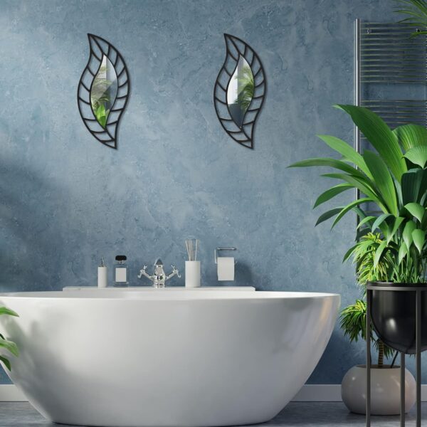 Roowest 2 Pcs Decorative Mirror Wall Decor Leaf Teardrop Mirror Wall Art Mirror Wall Mounted Decorations for Living Room Bedroom Bathroom Vanity Entryway Office(Black) - Image 5