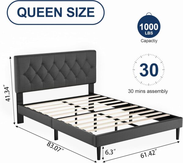 Queen Size Platform Bed Frame with Upholstered Headboard, Button Tufted Design, No Box Spring Needed, Dark Grey - Image 2