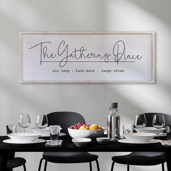 The Gathering Place Wall Decor Sign 40"x15" Large Family Dining Room Vintage Wooden Framed Country Farmhouse Simple And Rustic Hanging For Kitchen Home Wall Art Decoration (White) - Image 4
