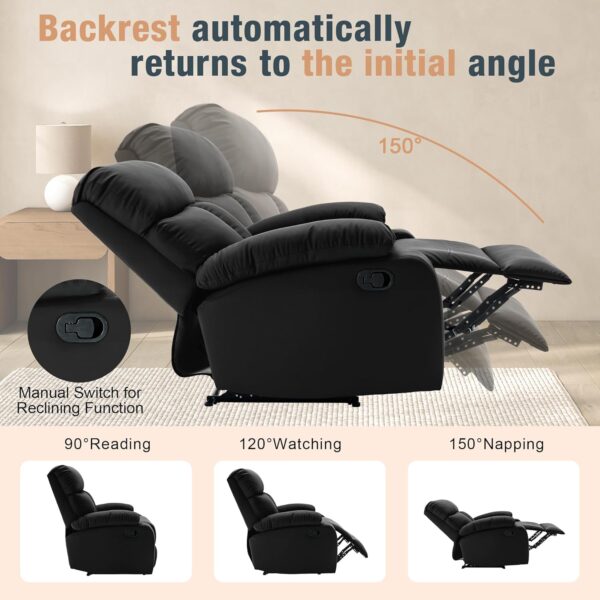 Manual Small Recliner Chair for Adults, Small Recliners for Small Spaces, Faux Leather Reclining Chairs, Single Lazyboy Recliner Sofa for Living Room, RV, Bedroom, Black - Image 5