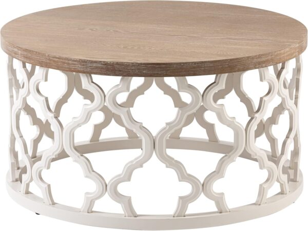 Rustic Farmhouse Coffee Table, Distressed Wood Top Table with Curved Motif Frame Base for Boho, French Country Decor, Round - Image 7