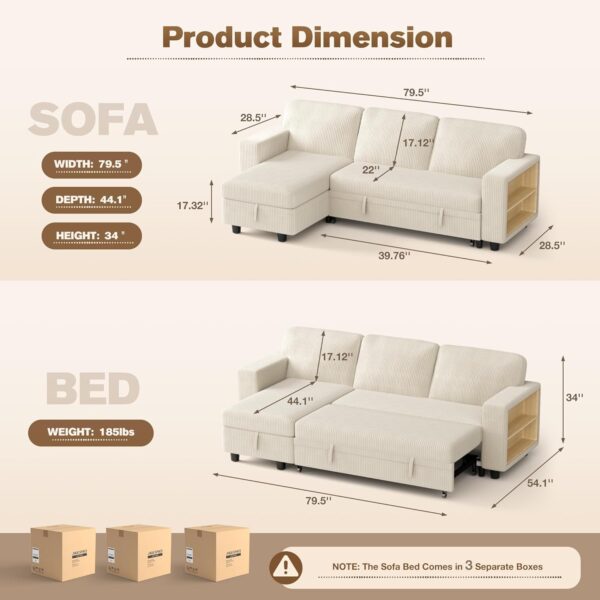 YESHOMY L-Shaped Sofa Bed Convertible Sectional Couch for Living Room with Pull Out Sleeper, Storage Chaise & 2 Built-in Bookcases, Beige - Image 2