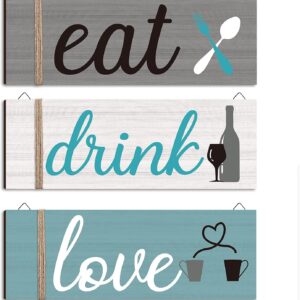 Jetec 3 Pcs Farmhouse Kitchen Wall Decor Eat Sign Rustic Wooden Kitchen Sign Wood Home Sign Eat Drink Love Sign with Hanging Hole for Home Kitchen Dining Living Room Bar Cafe Decor (Fresh Color)