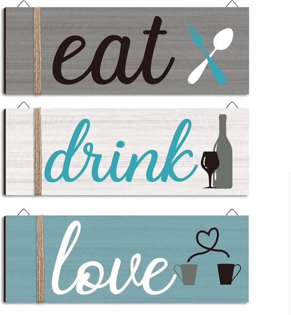 Jetec 3 Pcs Farmhouse Kitchen Wall Decor Eat Sign Rustic Wooden Kitchen Sign Wood Home Sign Eat Drink Love Sign with Hanging Hole for Home Kitchen Dining Living Room Bar Cafe Decor (Fresh Color)