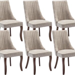 Dining Chairs Set of 6，Linen Channel Tufted Kitchen Dining Room Chair with Curved Solid Wood Legs, Comfortable Fabric Upholstered Dining Chair for Dining Room, (Rustic Beige, 6pc)