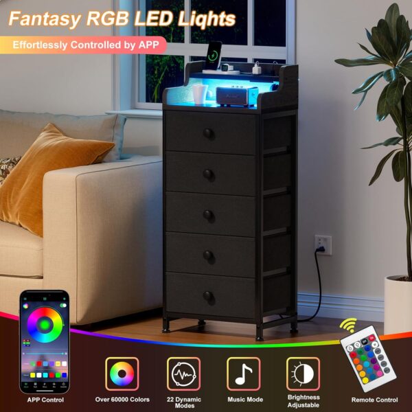 REAHOME Dresser for Bedroom with Charging Station and LED Lights, 5 Drawers Dresser Black Chest of Drawers with Shelves, Tall Night Stand with Sturdy Steel Frame & Wood Top for Bedroom - Black Grey - Image 4