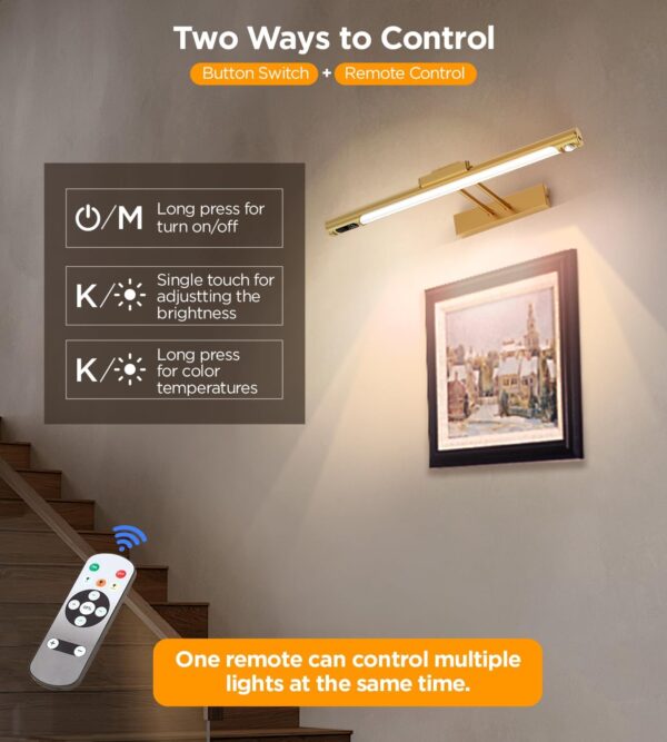 Picture Lights for Wall, Rechargeable Art Display Light with Digital Display, Remote Control, 3 Lighting Colors, Timer and Dimmable, LED Gallery Light for Painting Frame, Portrait etc - Image 5