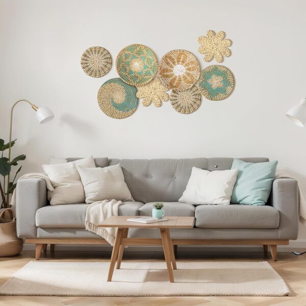 Xuhal Set of 8 Hanging Woven Wall Basket Handmade Decorative Rustic Boho Wall Basket Decor Handcrafted Wicker Round Seagrass Basket Wall Art for Home Kitchen Farmhouse Table Living Room (Elegant) - Image 4