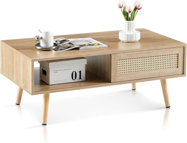 Mid Century Modern Coffee Table with Storage, 41.3 Inch Rectangle Wooden Accent Center Tables with Sliding PE Rattan Woven Door Panel and Solid Wood Legs, Suitable for Living Room, Apartment - Image 7