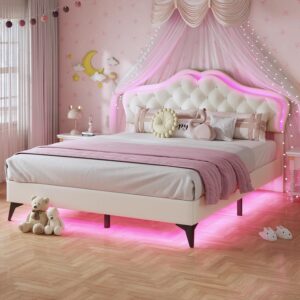 Full Size Upholstered Bed Frame with LED Lights, Adjustable Headboard with Crystal Button, Princess Platform Bed for Girls, Solid Wood Slats Support, No Box Spring Needed, Beige