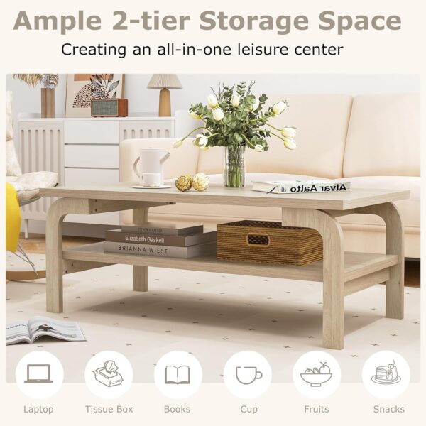 Giantex 2-Tier Coffee Table with Storage, 47” Mid Century Rectangle Accent Table with Open Shelf, Large Tabletop & Curved Legs, Rustic Style Wood Cocktail Table, Center Table for Living Room, Natural - Image 4