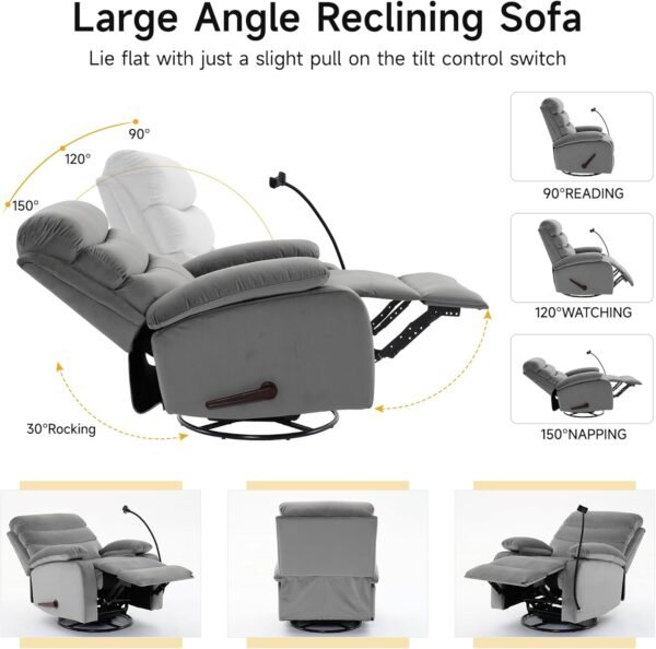 Swivel Rocker Recliner Chair for Adults, Rocking Recliner Chair, Manual Small Recliners for Small Spaces, Living Room, Nursery, RV, Light Grey - Image 5
