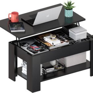 MGHH Lift Top Coffee Table with Hidden Storage Compartment & Open Shelves, 39" Rising Tabletop Table for Living Dining Room，Black