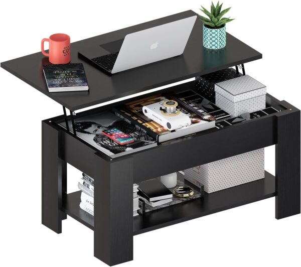 MGHH Lift Top Coffee Table with Hidden Storage Compartment & Open Shelves, 39" Rising Tabletop Table for Living Dining Room，Black