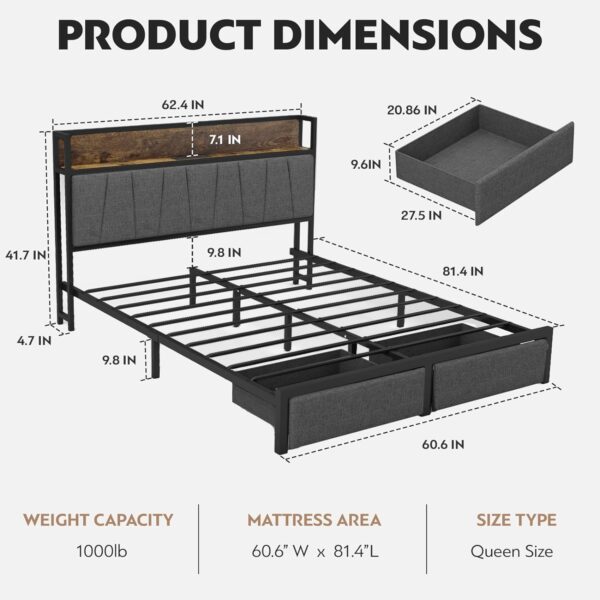 Queen Size Bed Frame with Headboard and Storage, Drawers Platform Bed Frame with Storage Chargin Station LED Light Bed Frame, Heavy Duty, No Box Spring Needed - Image 2