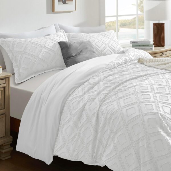 downluxe Boho Duvet Cover Queen - Embroidery Shabby Chic Queen Duvet Cover Set for All Seasons, 3 Pieces Tufted Boho Bedding, Comforter Cover with Zipper (White 04, Queen, 90" x 90") - Image 6