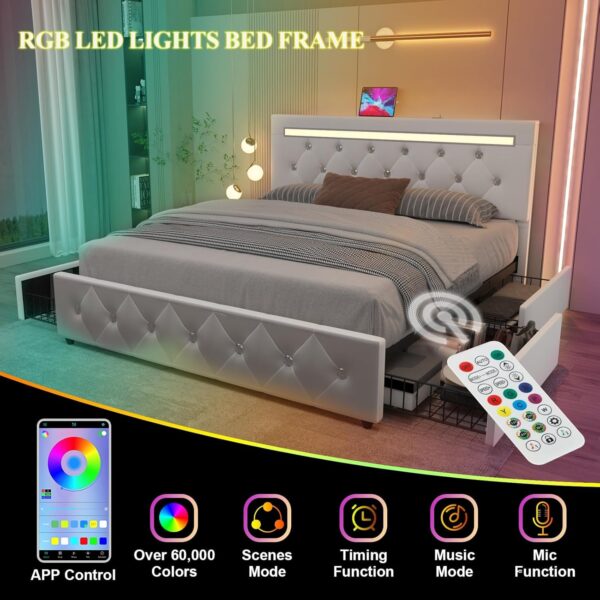 Queen Size Bed Frame with 4 Drawers and Adjustable LED Headboard, PU Leather Upholstered Platform Storage Bed with Charging Station, Wooden Slats Support, No Box Spring Needed, White - Image 5