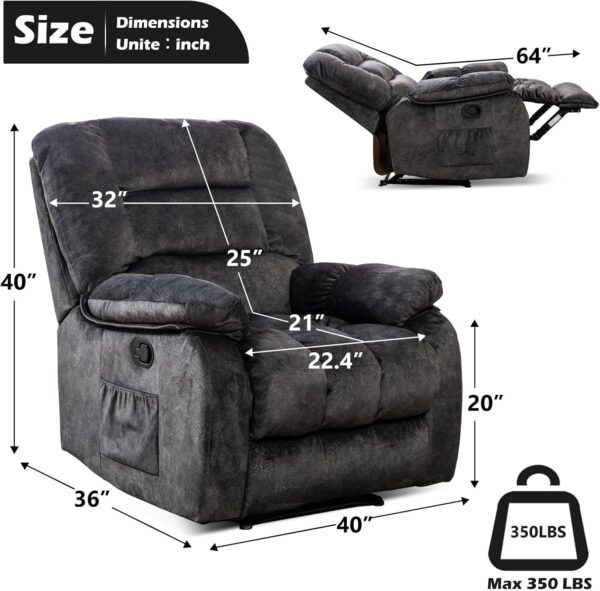 ANJHOME Overstuffed Massage Recliner Chairs with Heat and Vibration, Soft Fabric Single Manual Reclining Chair for Living Room Bedroom (Grey) - Image 2