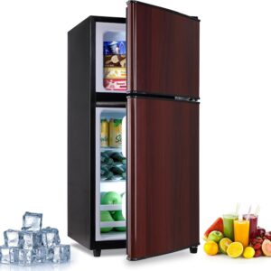 FLS-80-WOOD 3.5 Cu.Ft Small freezer, Compact Refrigerator, Retro Fridge with Dual Door,7 Level Adjustable Thermostat for Garage, Dorm,Bedroom, Office, Apartment, Wood