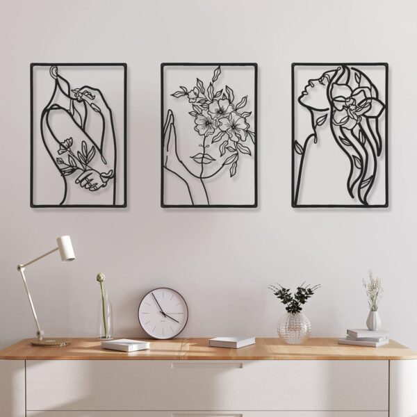 CHENGU 3 Pieces Metal Minimalist Abstract Woman Wall Art Line Drawing Wall Art Decor Single Line Female Home Hanging Wall Art Decor for Kitchen Bathroom Living Room (Flower) - Image 7