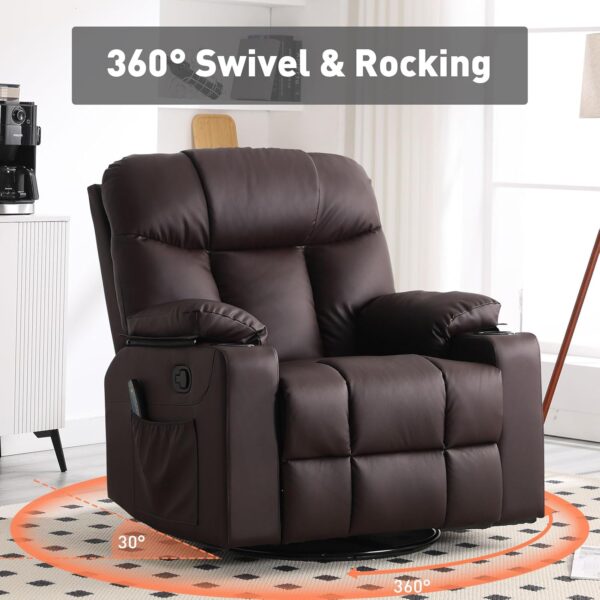 Bonzy Home Oversized Swivel Rocker Recliner, 40" Rocking Recliner Chair with Heated and Massage, PU Leather Single Sofa with Swivel Function, 2 Cup Holders for Living Room Bedroom, Brown - Image 5