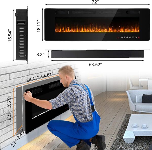 BOSSIN 60 inch Ultra-Thin Silence Linear Electric Fireplace, Recessed Wall Mounted Fireplace, Fit for 2 x 4 and 2 x 6 Stud, 12 Adjustable Flame Color & Speed,Touch Screen Remote Control with 8h Timer - Image 6