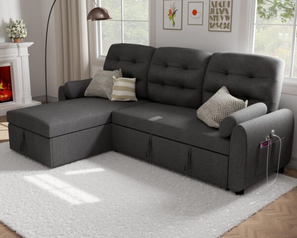 Ucloveria Sectional Sofa Couch, 87" Sleeper Sofa Bed with Reversible Storage Chaise Pull Out Couch for Living Room | Side Pocket | Charging Station | Removable Backrest | Linen Fabric, Dark Grey - Image 3