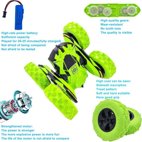 Threeking RC Stunt Cars Remote Control Car Double-Sided Driving 360-degree Flips Rotating Car Toy, Green - Image 4