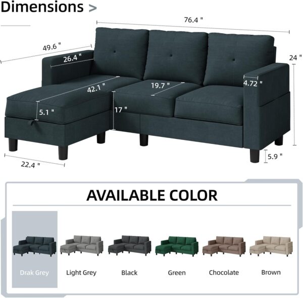 Shintenchi 79 Inch Convertible Sectional Sofa Couch, Modern Linen Fabric L-Shaped , 3-Seat Sofa Sectional with Reversible Chaise for Living Room, Apartment and Small Space (Dark Grey) - Image 2