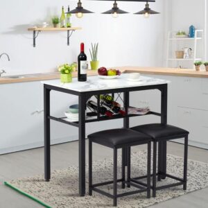 Kinfant 3 Pcs Bar Dining Table and Chairs Set with Faux Marble Tabletop - 2 Chairs, Contemporary Dining Table Set with Wine Rack for Home, Hotel, Dining Room, Kitchen or Bar, White & Black