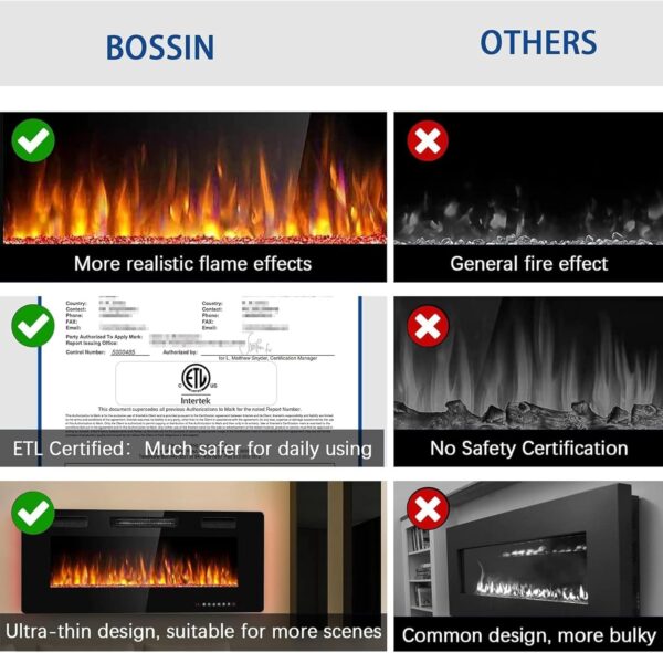 BOSSIN 60 inch Ultra-Thin Silence Linear Electric Fireplace, Recessed Wall Mounted Fireplace, Fit for 2 x 4 and 2 x 6 Stud, 12 Adjustable Flame Color & Speed,Touch Screen Remote Control with 8h Timer - Image 5