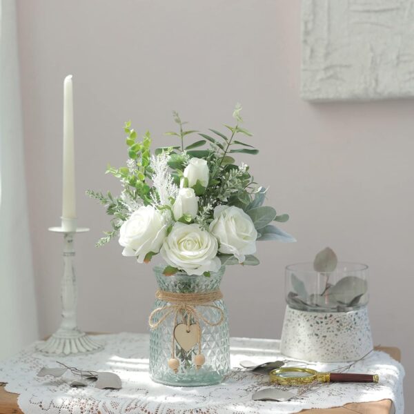 Faux Flowers with Vase,Artificial Silk Roses in Vase, Fake Plant Eucalyptus Flower Arrangement for Home Office Farmhouse Bathroom Dining Table Centerpiece Decorations Coffee Table Decor (White) - Image 4