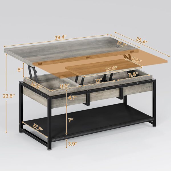 Itaar Lift Top Coffee Table, 4 in 1 Coffee Tables with Storage for Living Room, Farmhouse Coffee Table Converts to Dining Table for Living Room, Home Office, Grey - Image 3