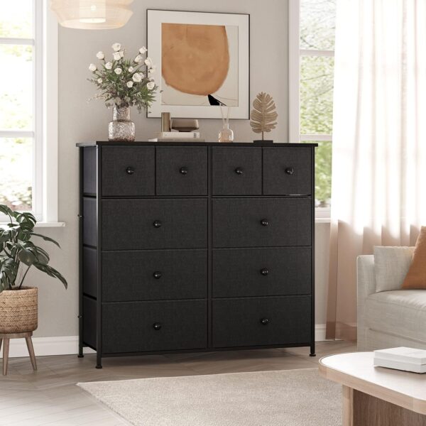 REAHOME Dresser for Bedroom with 10 Drawers, Wide Black Dresser with Wood Top, Fabric Storage Tower, Sturdy Steel Frame Storage Organizer for Living Room, Hallway, Entryway, Closets, Black Grey - Image 4