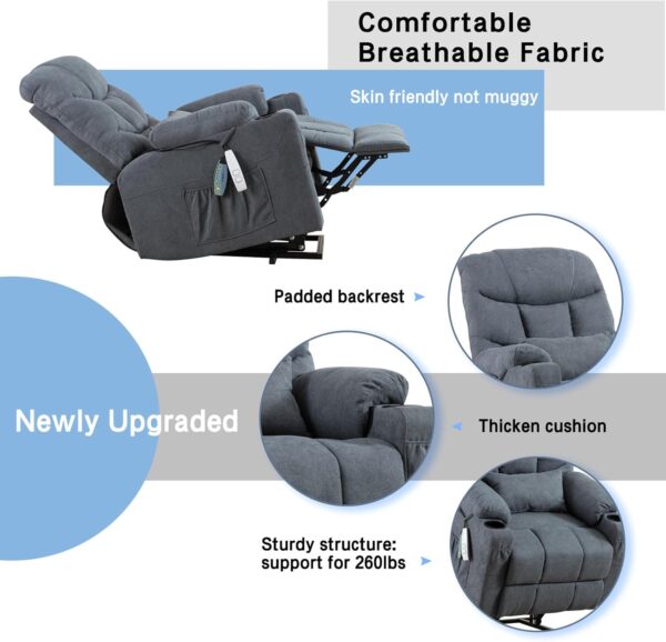 Power Lift Recliner Chair with Massage & Heat for Elderly, Linen Fabric Lazy Recliner Sofa Chairs with Cup Holders/USB/Side Pockets for Living Room - Image 6