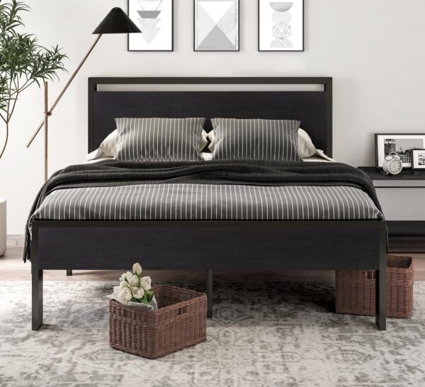 SHA CERLIN 14 Inch Queen Size Metal Platform Bed Frame with Wooden Headboard and Footboard, Mattress Foundation, No Box Spring Needed, Large Under Bed Storage, Non-Slip, Black Oak - Image 3
