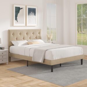 Flolinda Queen Size Platform Bed Frame with Fabric Headboard, Strong Wooden Slats, Non-Slip and Noise-Free, Bedroom and Guest Room Bed Frames, No Box Spring Needed, Easy Assembly, Beige
