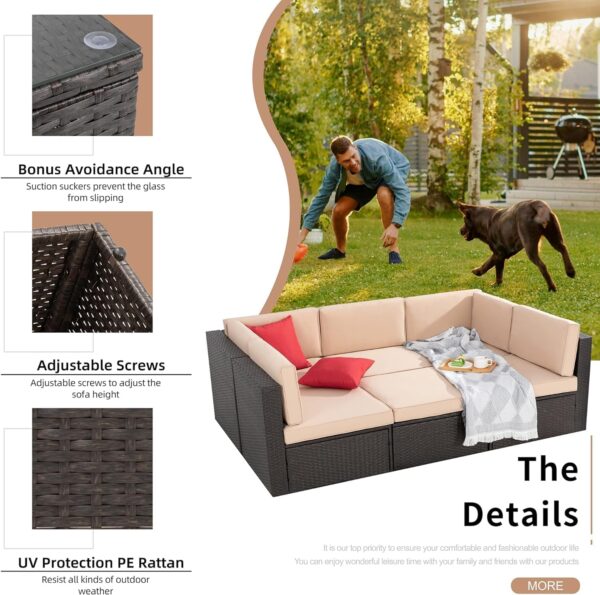 Shintenchi 6 Pieces Patio Furniture Sets Outdoor All-Weather Sectional Patio Sofa Set PE Rattan Manual Weaving Wicker Patio Conversation Set with Glass Table&Ottoman Cushion and Red Pillows, Neutral - Image 2