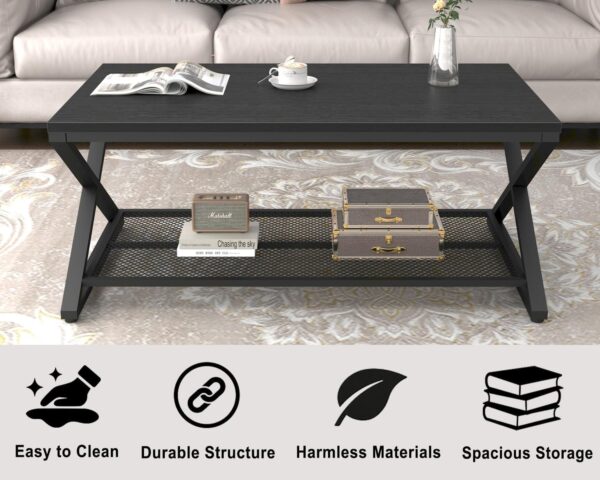 LVB Gray Coffee Table with Storage, Farmhouse Metal Wood 2 Tier Center Table for Living Room, Industrial Wooden Rectangular Concrete Tables with Mesh Shelf for Office Bedroom, 39 inch, Light Grey Oak - Image 5