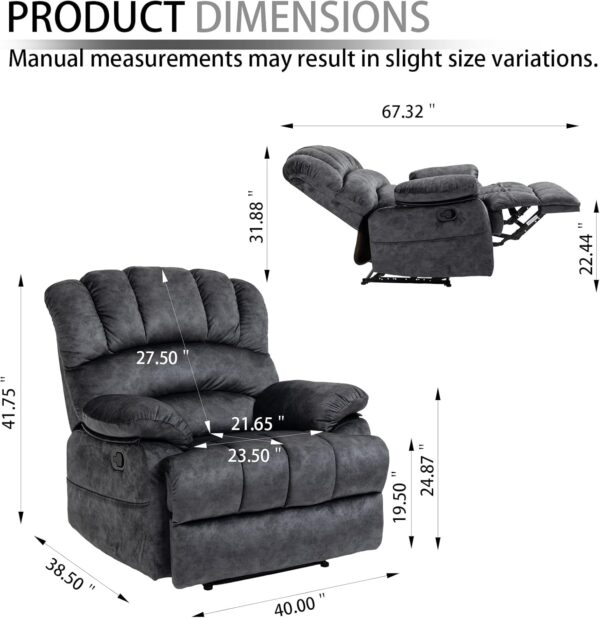 Large Boy Lazy Recliner Chair for Adult, Comfortable Manual Single Recliner Sofa in Velvet Fabric, Oversized Reclining Chair for Living Room, Bedroom(Dark Grey) - Image 2