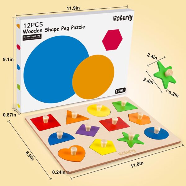 Roberly Shape Wooden Puzzles for Toddlers 1-3, Montessori Toys Peg Puzzle Geometric Color Matching Board for Girls Boys 12-18-24 Months Preschool Learning Educational Toys Birthday Gifts for Kids - Image 6
