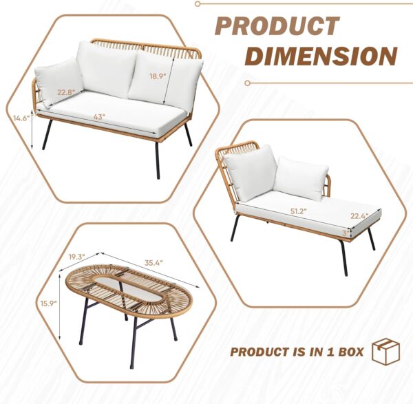 Greesum Outdoor Rope Woven Patio Furniture L-Shaped Conversation Sectional Sofa Set Detachable Lounger for Backyard Porch with Thick Cushions & Long Table, White - Image 7