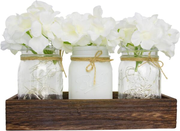 Fowecelt Mason Jar Lights Table Centerpiece Decoration for Dining Room Living Room Kitchen Table Decor Wood Tray with 3 Mason Jars Flowers Farmhouse Coffee Centerpieces Table Decor - Image 2