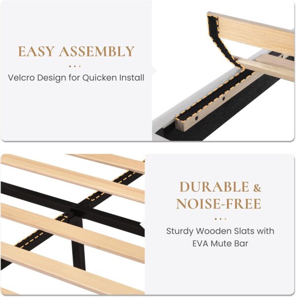 SHA CERLIN King Platform Bed Frame with Velvet Upholstered Headboard, Mattress Foundation with Strong Wooden Slats Support, No Box Spring Needed, White - Image 6