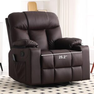 Bonzy Home Oversized Swivel Rocker Recliner, 40" Rocking Recliner Chair with Heated and Massage, PU Leather Single Sofa with Swivel Function, 2 Cup Holders for Living Room Bedroom, Brown