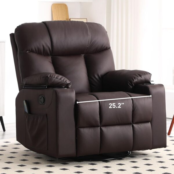 Bonzy Home Oversized Swivel Rocker Recliner, 40" Rocking Recliner Chair with Heated and Massage, PU Leather Single Sofa with Swivel Function, 2 Cup Holders for Living Room Bedroom, Brown
