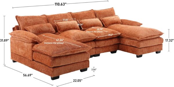 U Shape Sectional Sofa Cloud Couch for Living Room, 110" Modern Chenille Comfy Modular Sofa, 4 Seat Upholstery Sofa Sleeper with Double Chaise & Memory Foam, Orange - Image 2