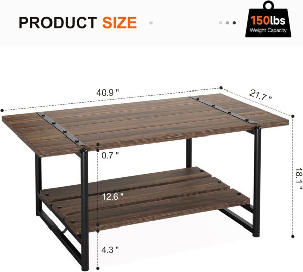 2-Tier Modern Industrial 41'' Large Wood Coffee Table with Storage Shelf - Rustic Metal Rectangle Center Living Room Coffee Table Accent Furniture for Home Office, Brown Walnut - Image 2